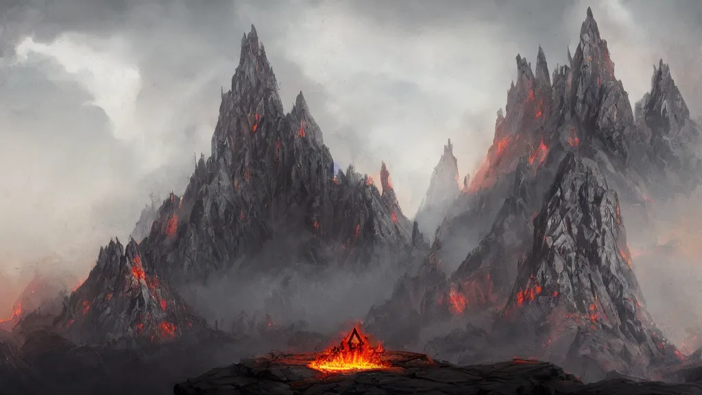 Prompt: evil wizard temple sitting on a cliff near snowy mountains with fire and smoke burining in the background by eugene von guerard, ivan shishkin, dramatic lighting, concept art, trending on artstation, 8 k