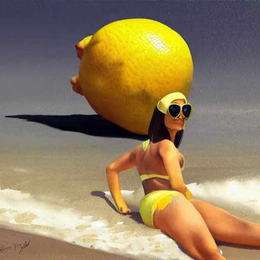 Prompt: a lemon with sunglasses and an extremely muscular human body lying on a beach trending on artstation, painted by greg rutkowski