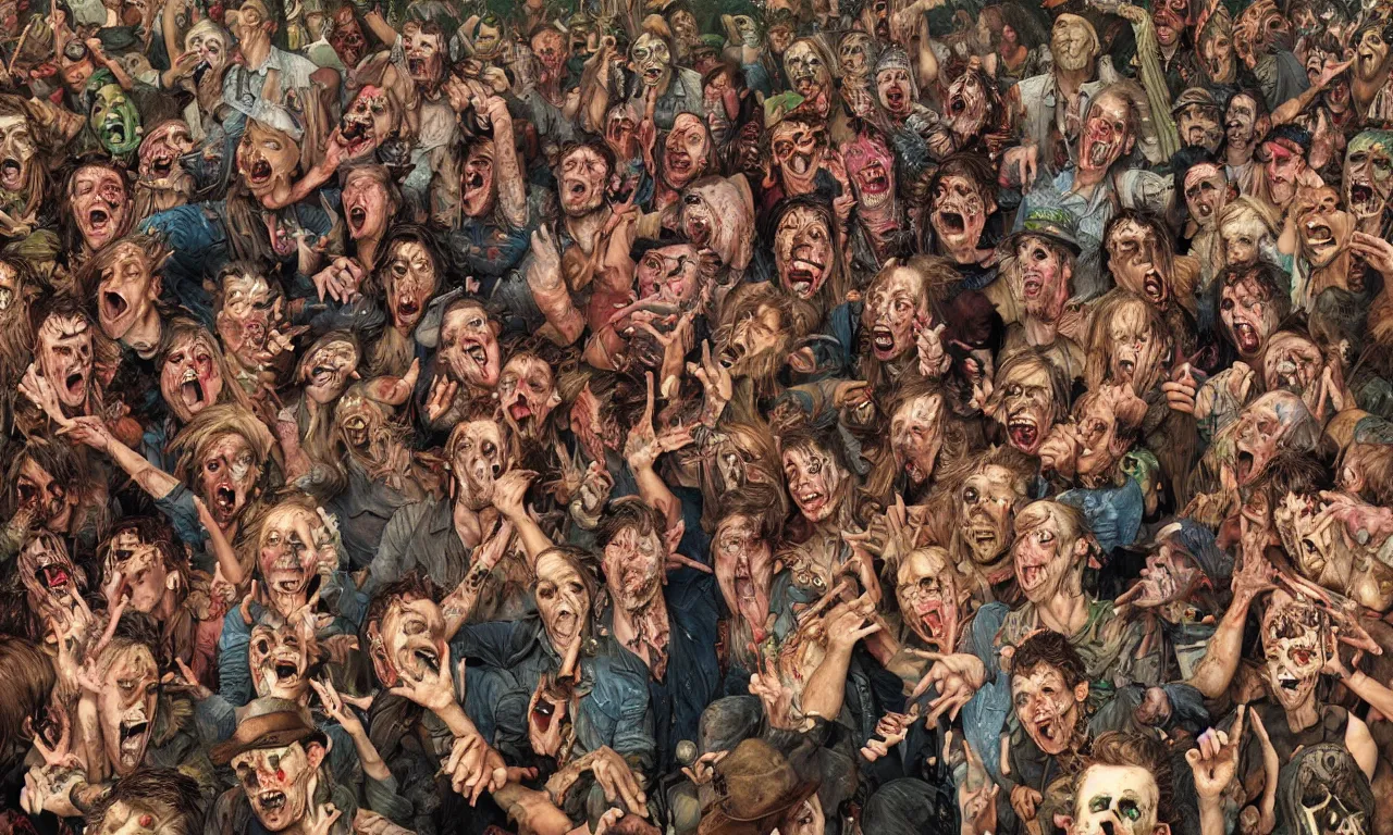 Prompt: a detailed digital art portait of undead backwoods rednecks in a mosh pit, art by norman rockwell, pixar style