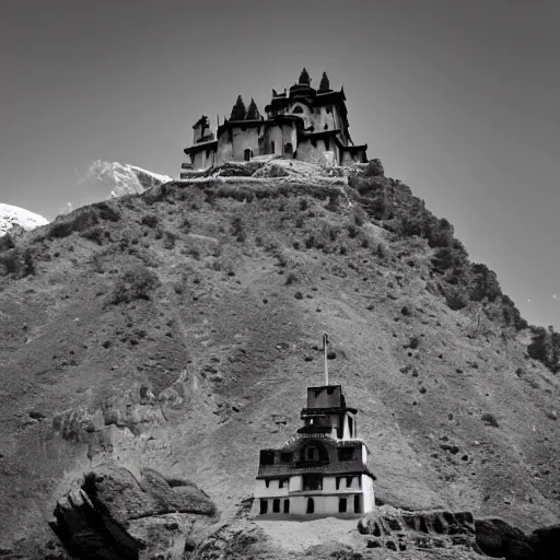 Prompt: a little castle in the middle of a mountain of the Himalayas, photoshoot style, realist, cinematic shot, 1950's photography