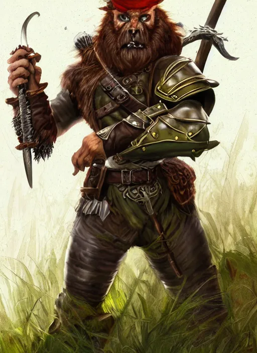 Image similar to strong young man, photorealistic bugbear ranger holding a flaming sword, black beard, dungeons and dragons, pathfinder, roleplaying game art, hunters gear, jeweled ornate leather and steel armour, concept art, character design on white background, by alan lee, norman rockwell, makoto shinkai, kim jung giu, poster art, colours red and green