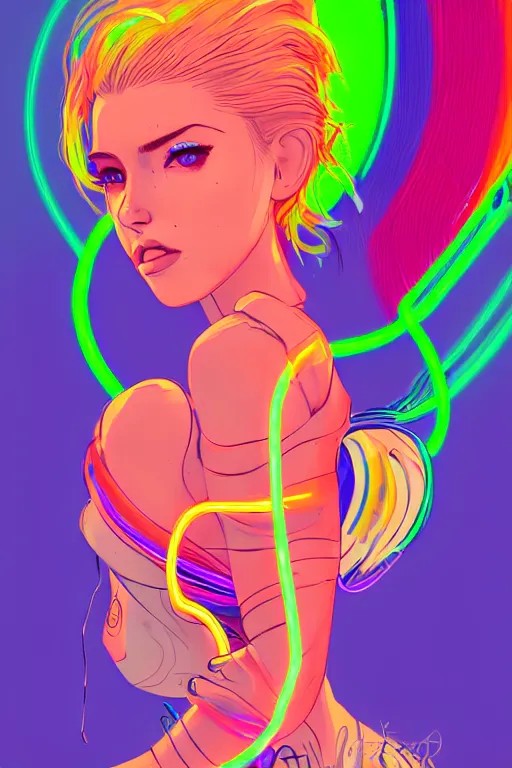 Image similar to a award winning portrait of a beautiful woman with stunning eyes in a one off shoulder crop top and cargo pants with rainbow colored hair, outlined by whirling illuminated neon lines and fine lines swirling in circles by greg tocchini, digital art, trending on artstation