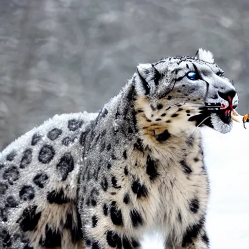 Prompt: a snow leopard with a blunt in his mouth smoking, award-winning photograph