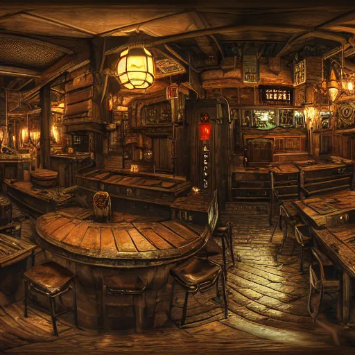 Prompt: Interior Concept design Tavern in Mixed style of Medieval and in style of Cyberpunk, Many details by Hiromasa Ogura. More cyberpunk less Medieval. Panorama 360 degrees Rendered in unreal engine 5, artstationHD, 4k, 8k, 3d render, 3d Houdini, cinema 4d, octane RTX volumetric natural light