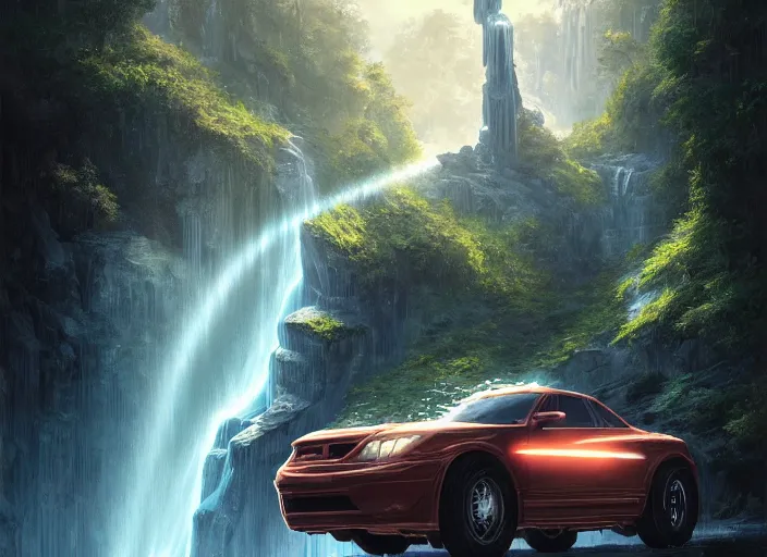 Image similar to detailed intricate digital illustration by greg rutkowski and artgerm and wlop and sanford robinson gifford ; 2 0 0 4 vehicle, glowing headlights, shimmering waterfall in background ; 1 3 mm film, close up head on arri alfa anamorphic lens ; sharp focus, bright morning lighting with shimmering highlights and rays of light, trending on artstation 4 k