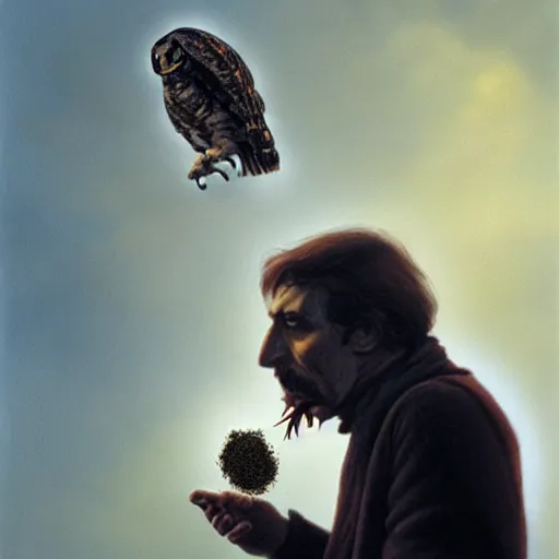 Prompt: a man coughs up an owl pellet. by michael whelan. inspired by christopher mckenna. digital matte painting, cinematic lighting, 4 k.