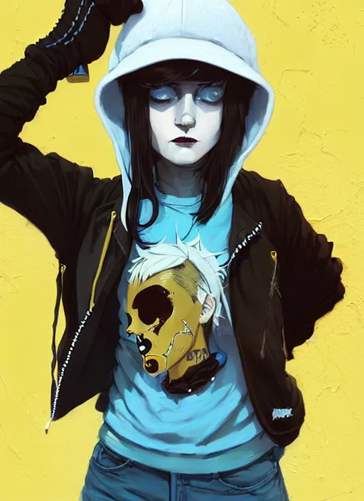 Image similar to highly detailed portrait of a street punk lady student, blue eyes, hoodie, hat, white hair by atey ghailan, by greg rutkowski, by greg tocchini, by james gilleard, by joe fenton, by kaethe butcher, gradient yellow, black, brown and cyan blue color scheme, grunge aesthetic!!! ( ( graffiti tag wall background ) )