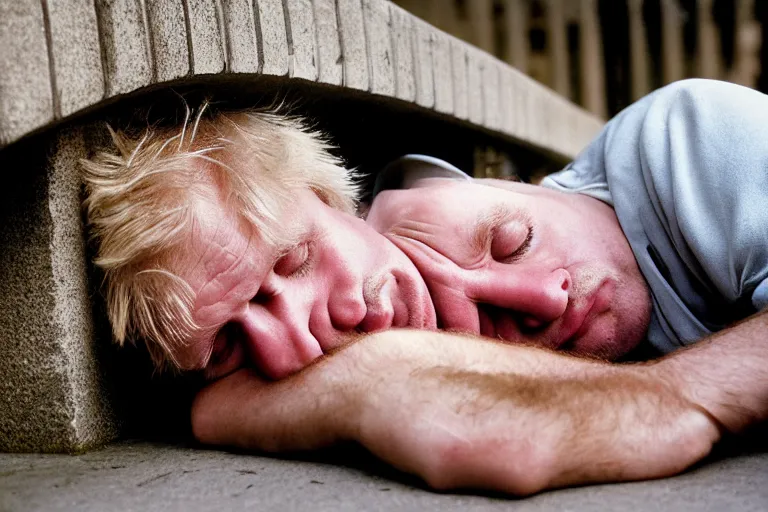 Image similar to closeup portrait of homeless boris johnson sleeping under a london bridge, natural light, sharp, detailed face, magazine, press, photo, steve mccurry, david lazar, canon, nikon, focus