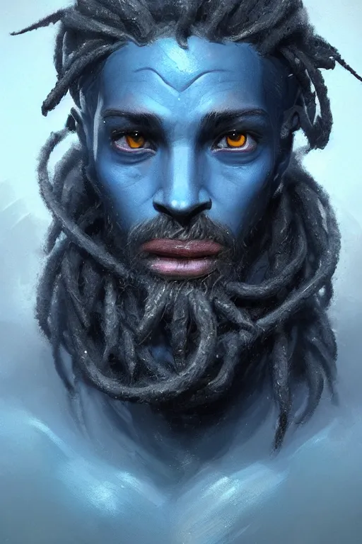 Prompt: portrait of a blue skin genasi with a square jaw from d & d by greg rutkowski, blue skin, black dreadlocks and small beard, tempest priest, runic rings, d & d character, blue, black background, highly detailed portrait, digital painting, artstation, concept art, smooth, sharp foccus ilustration, artstation hq