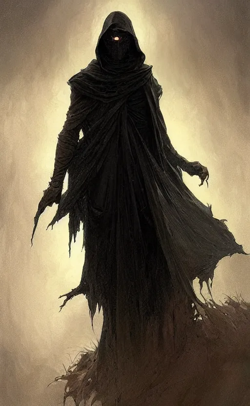 Prompt: Thin roguish man wearing a black cloak made of very thousands of thin strips of cloth that decay into mist, fantasy, highly detailed, digital painting, artstation, concept art, smooth, sharp focus, illustration, art by artgerm and greg rutkowski and alphonse mucha