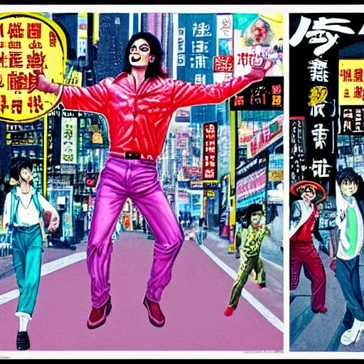 Image similar to glossy old advertising poster, michael jackson moonwalking!!!!! through crowded hong kong street, vendors, zombies, drawn comic by junji ito, pastels, gradient