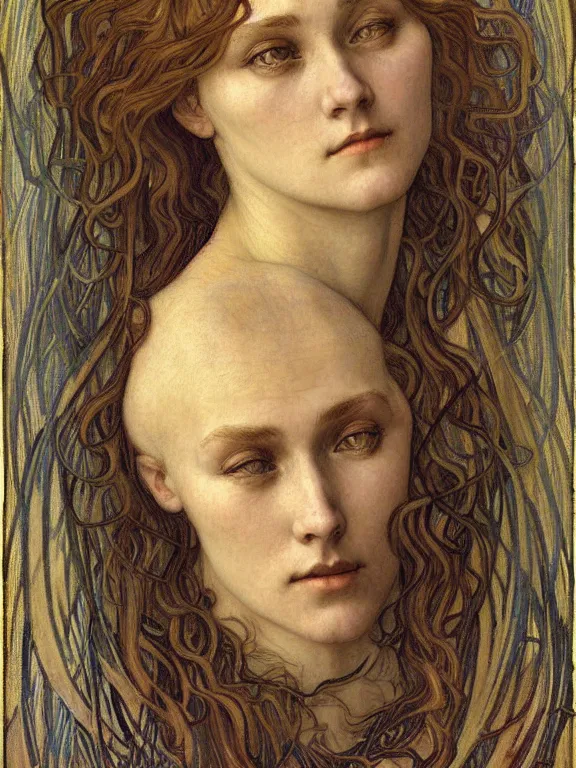 Image similar to detailed realistic beautiful young medieval queen face portrait by jean delville, alphonse mucha, vincent van gogh, and marco mazzoni, art nouveau, symbolist, visionary, gothic, pre - raphaelite