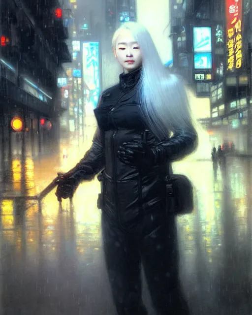 Prompt: beautiful portrait of kang seul - gi, ultra white hair, android, in rainy city street, cyberpunk, wearing tactical gear, by gaston bussiere, craig mullins, j. c. leyendecker, gustav klimt, artgerm, greg rutkowski