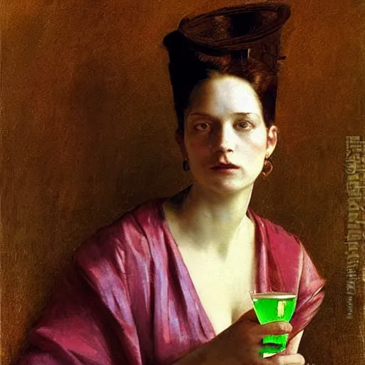 Image similar to portrait of a mysterious woman holding a martini, by Ilya Repin and Dave McKean