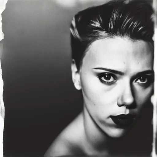 Image similar to photo of Scarlett Johansson by Diane Arbus, black and white, high contrast, Rolleiflex, 55mm f/4 lens