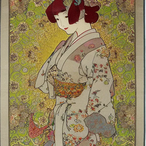 Image similar to Japanese style simple and elegant floral tapestry, Persian carpet, soft colors, by mucha