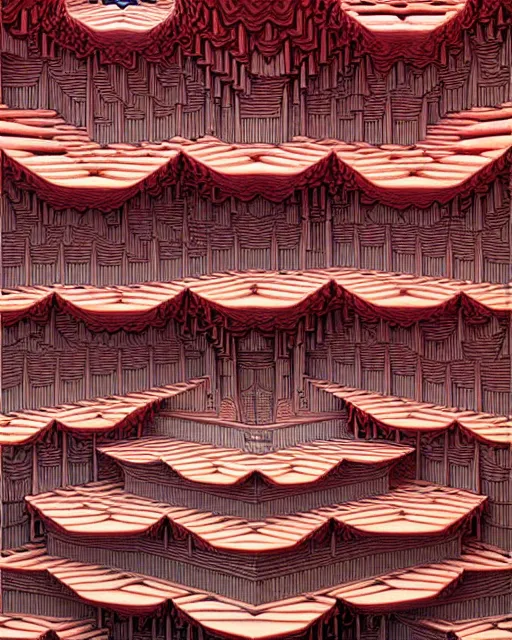 Prompt: detailed realistic architectural painting of hundreds of alien mandelbulb gates stacked like jenga made of carved out ivory shades of red by mc escher