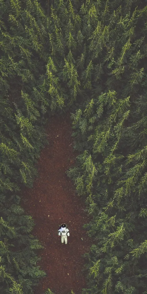 Image similar to american astronaut in the forest plants environment wide angle cinematic lighting atmospheric realistic octane render highly detailed in th