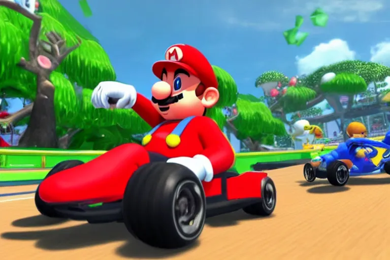 Image similar to pitbull driving a kart in mario kart 8, switch screenshot,