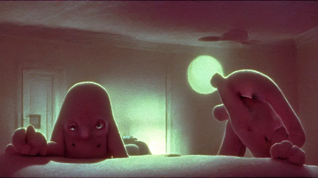 Image similar to a strange creature that looks like a monstrous teletubby crawls on the living room ceiling, film still from the movie directed by Wes Anderson with art direction by Zdzisław Beksiński, wide lens