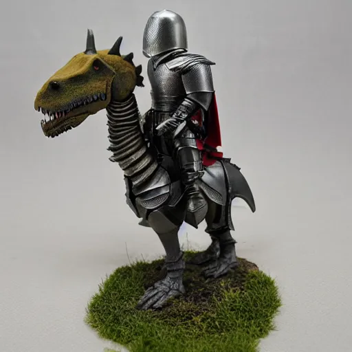 Prompt: detail, mini of medieval english knight in full armor with sword riding a dinosaur in armor, heavy cavalry, Asgard rising, MyMiniFactory, 28mm scale