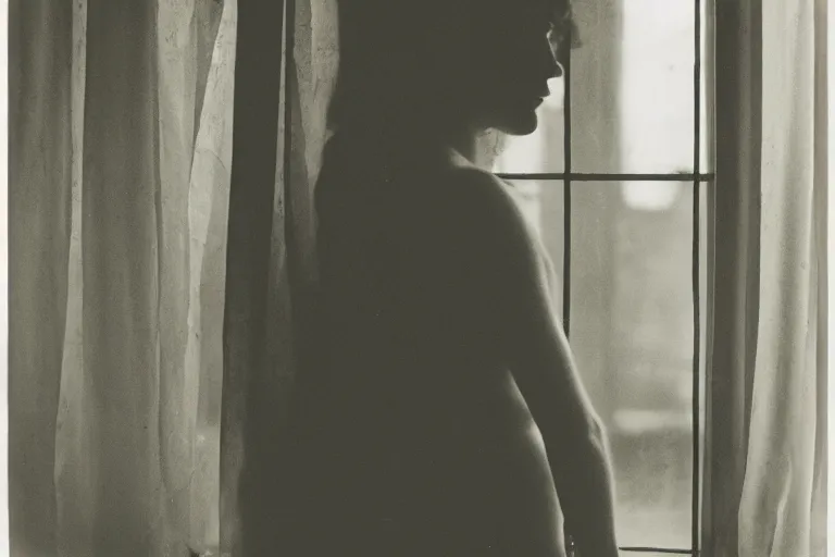 Prompt: silhouette of a woman in front of a dirty window, photo by Francesca Woodman,