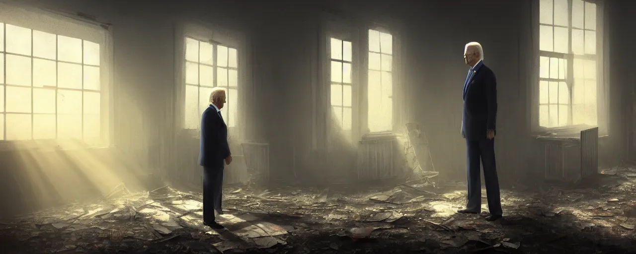 Prompt: joe biden stands alone in an abandoned derelict house with sunlight coming through old dusty windows, collapsed ceiling, dirt, old furniture, dust and cobwebs, gloomy and foggy atmosphere, hyperdetailed, artstation, cgsociety, anatomically correct, beautiful perfect face, sharp focus, highly detailed, cinematic lighting, 8 k, hd
