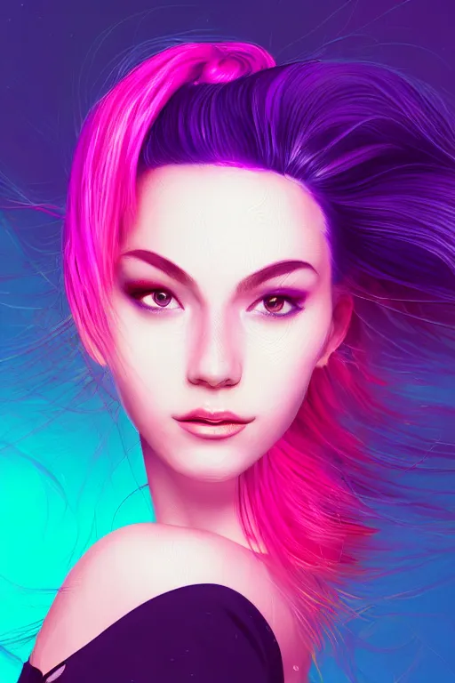 Image similar to a award winning half body porttrait of a beautiful woman in a croptop with ombre purple pink teal hairstyle with head in motion and hair flying, outrun, vaporware, shaded flat illustration, digital art, trending on artstation, highly detailed, fine detail, intricate