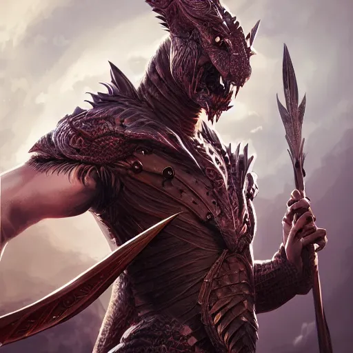 Image similar to portait of a dragon man knight holding sword, digital art, digital painting, masterpiece, elegant, hyper realistic, award winning, 8 k, behance, artstation, unreal engine 5, octane render, masterpiece, sharp focus, intricate, ornate