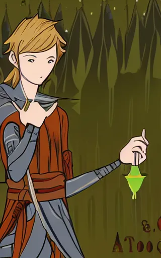 Image similar to an wood elf boy getting ready for an high fantasy adventure on the mountain side, anime style, tarot card, Tarot card the fool