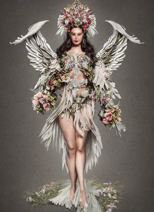 Image similar to full body environmental portrait photo of a goddess as angel, ornate headpiece made from flowers, ornaments, glamour shot by gemmy woud - binnendijk, chris knight, photorealistic, canon r 3, fashion photography, ornate, symmetrical features, octane render, unreal engine, solid dark grey background, clamp shell lighting, rim lighting