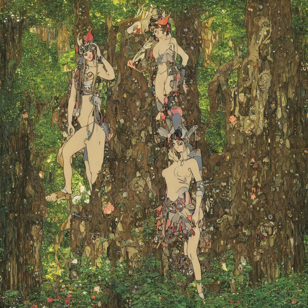 Prompt: Princess Mononoke, fully clothed in armor, lush fairy forest, neon, concept art, schematics, studio ghibli, gnarly trees, painted by gustav klimt, norman rockwell, mucha, james gurney, high detail, denoised, sharp, architectural