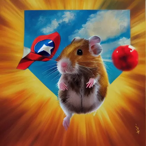 Image similar to a hyper realistic oil painting of a hamster dressed as a superhero and flying through the sky