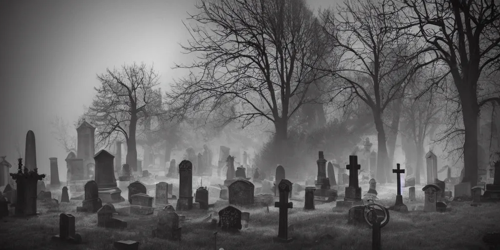 Image similar to ghosts in an old church yard cemetery, a ghostly figure os walking between the grave stones, night time low light, spooky and scary atmosphere, artstation flames from church windows,