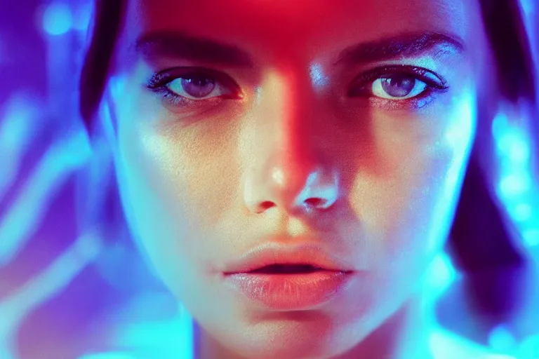 Prompt: VFX movie of a futuristic closeup portrait in high tech compound, beautiful natural skin neon lighting by Emmanuel Lubezki