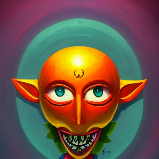 Image similar to a logo of the happy mask salesman majora's mask, art by lois van baarle and loish and ross tran and rossdraws and sam yang and samdoesarts and artgerm and saruei and disney, digital art, highly detailed, intricate, sharp focus, trending on artstation hq, deviantart, unreal engine 5, 4 k uhd image