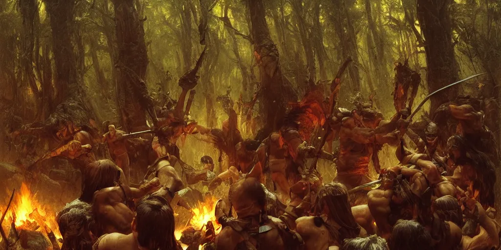 Image similar to barbarian norse god pushes an attacking racen from his face, dense forest, dusk, sunset, campfire, horizontal symmetry inception good composition artstation illustration sharp focus, vista painted by ruan jia raymond swanland lawrence alma tadema zdzislaw beksinski norman rockwell tom lovell alex malveda greg staples