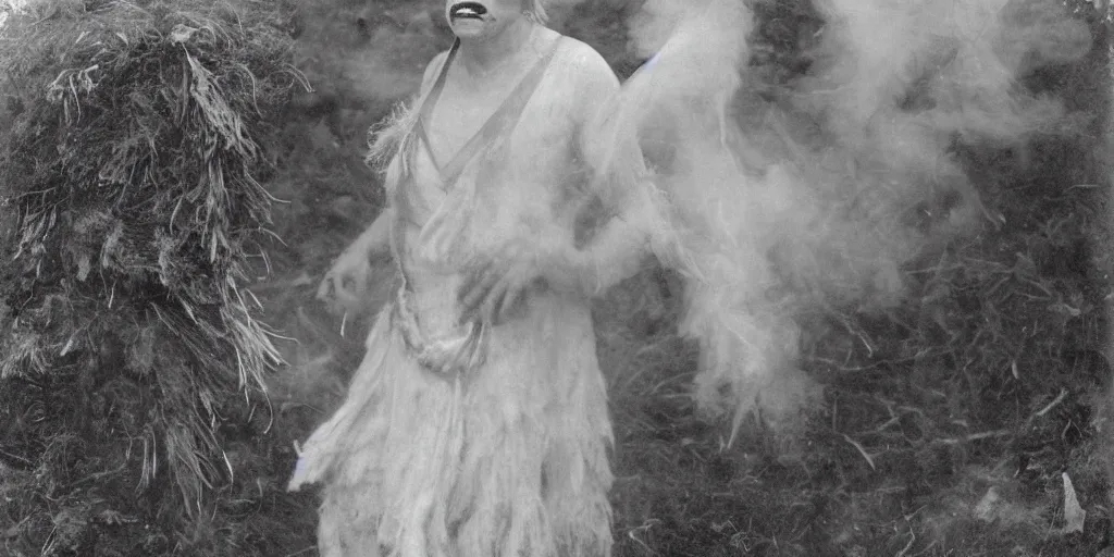 Image similar to 1 9 2 0 s spirit portrait photography of an old female farmer turning into a krampus ghost with hay cloth in the dolomites, smoke from mouth, casting a root spell, inviting hand, witchy, wicca, by william hope, dark, eerie, grainy