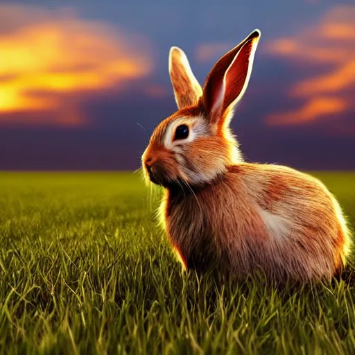 Prompt: cgi art of a rabbit in the middle of a grass field, 8k, colorful. sunset, clouds in the background, good lighting