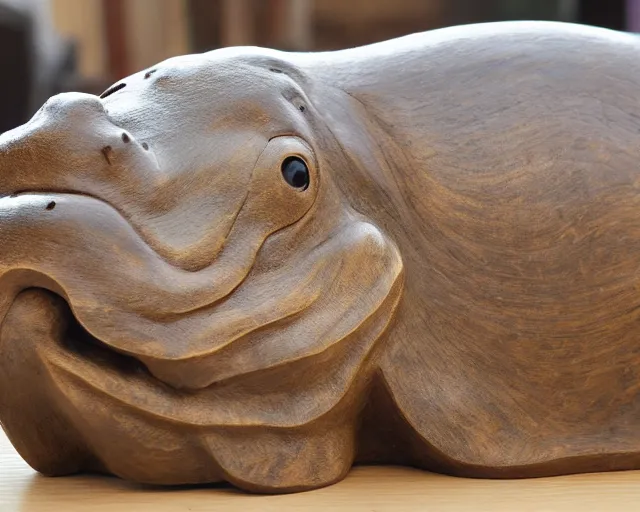 Image similar to a sculpture of hippo baby, half wood carved half resin epoxy, cubic blocks, side view centered
