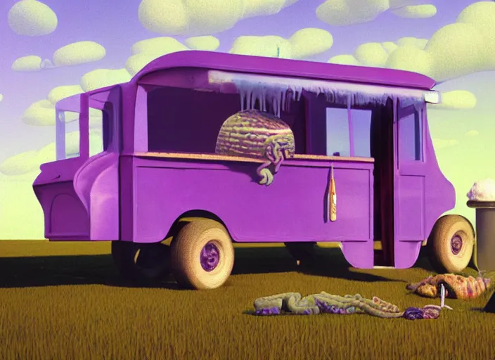 Image similar to a purple and green ice cream van that sells snake oil instead of ice cream, rowdy salesman hawking little brown bottles, medicine, snake van, snake van, painting by René Magritte, Grant Wood, 3D rendering by Beeple