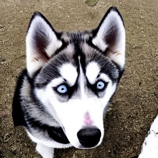 Prompt: a siberian husky with heterochromia eating a pile of shit