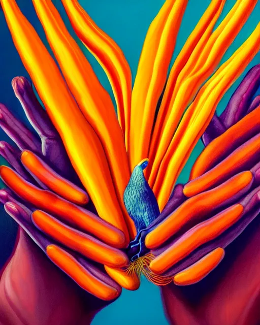 Prompt: neo-surreal painting of very detailed veiny human hands holding Birds of Paradise flowers robert steven connett dramatic orange light 8k high angle shallow depth of field