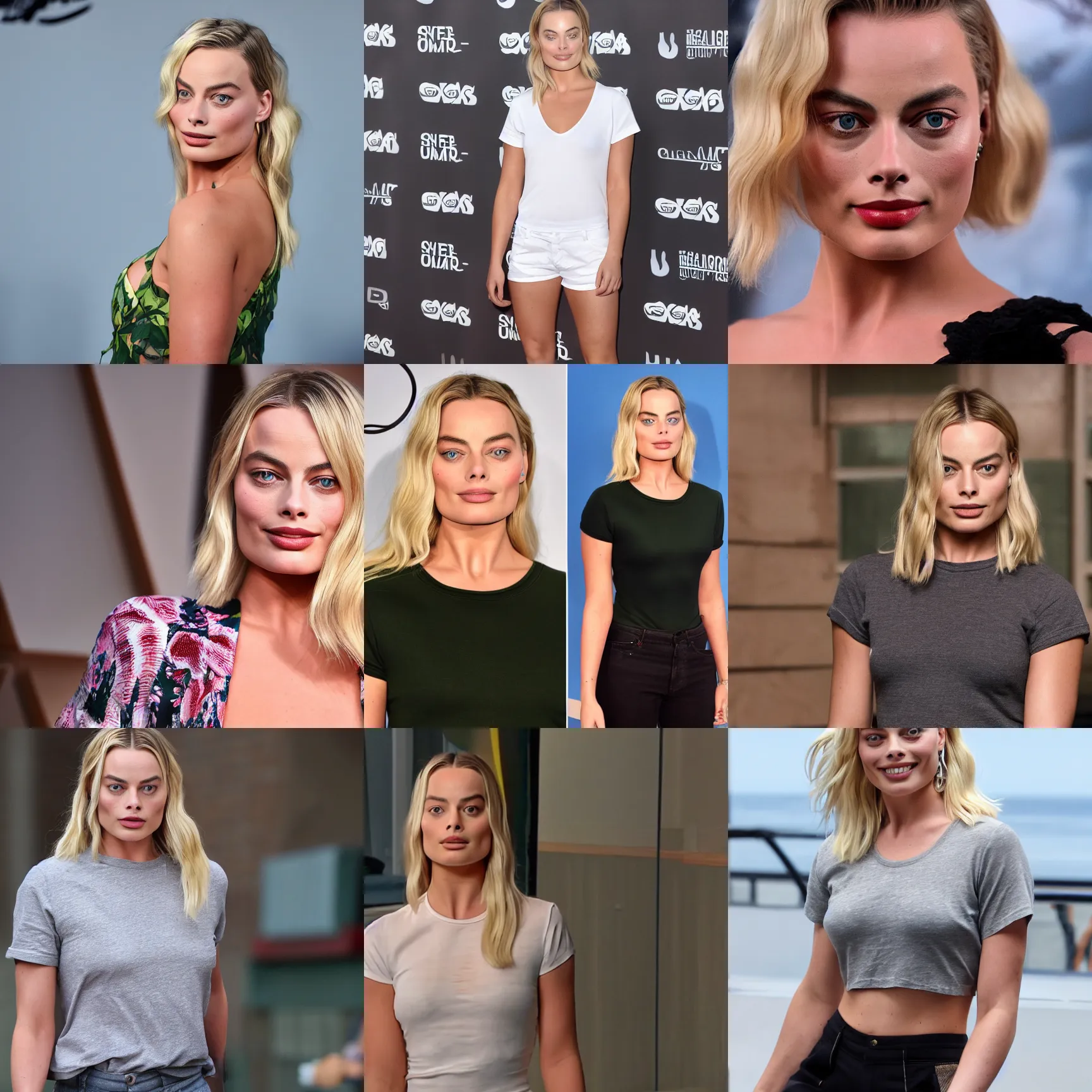 Prompt: Margot Robbie wearing a short and a t-shirt, ultra realistic, 8K resolution, detailed,