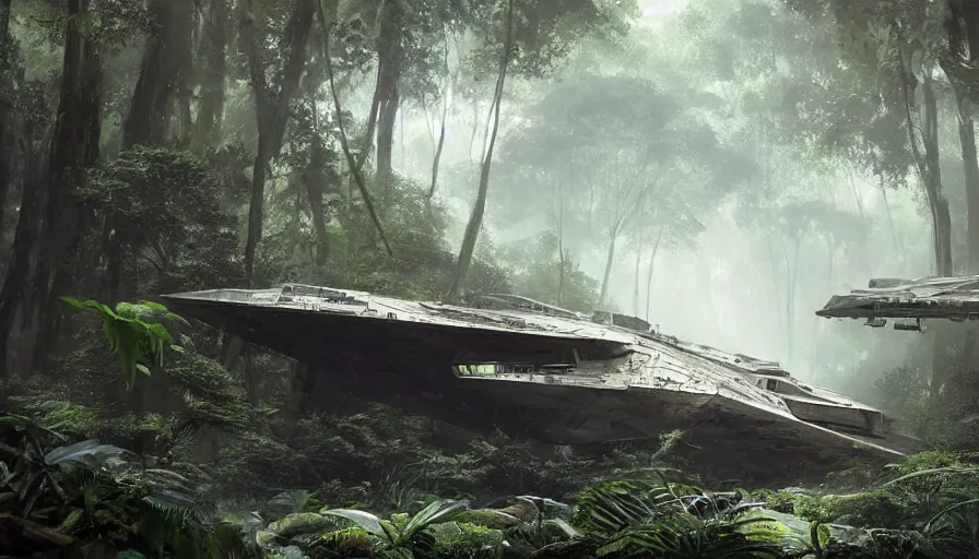 Image similar to a beautiful painting of a crashed star destroyer ione drive in a lush jungle, ray traced lighting by kalin popov and greg rutkowski