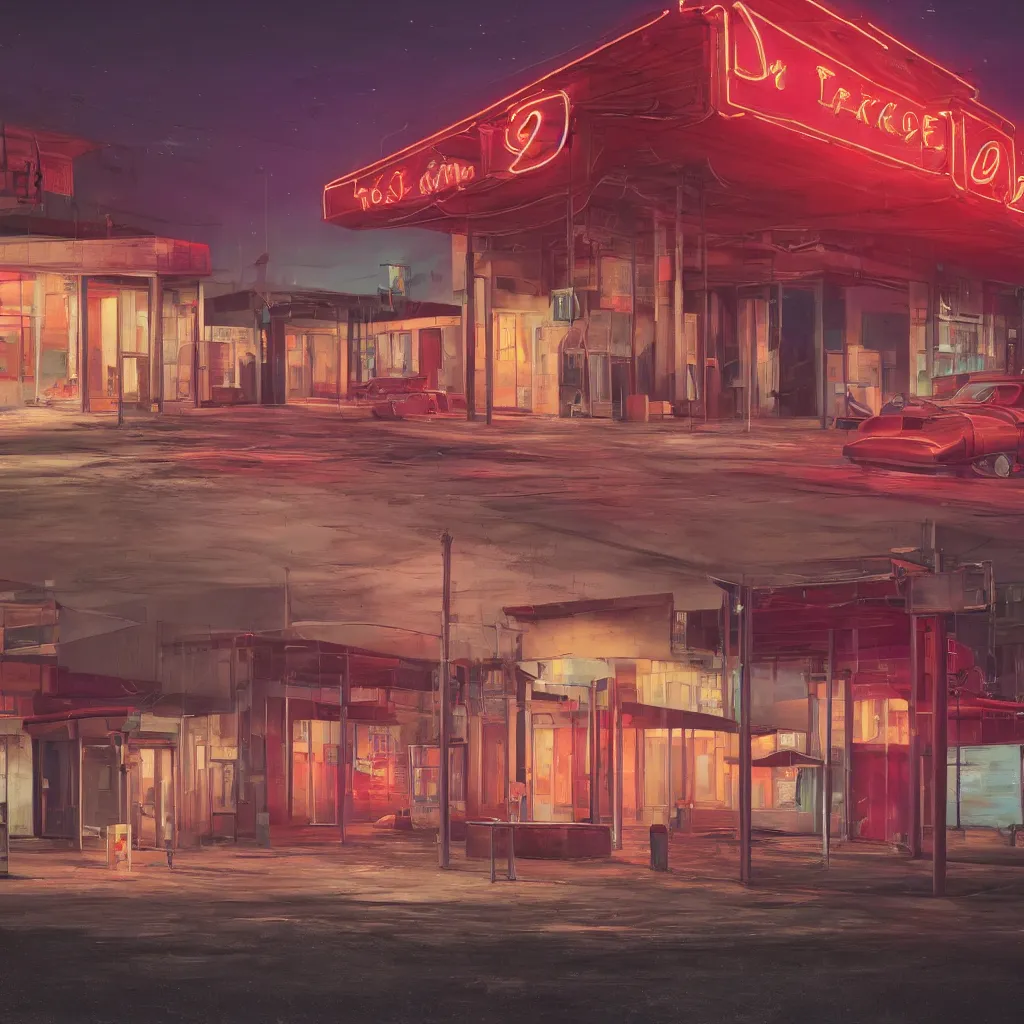 Image similar to an empty parking lout outside an abandoned retro diner at night, by lee madgwick, pink and orange neon lights, highly detailed, photorealistic, artstation trending, cryengine 8 k uhd