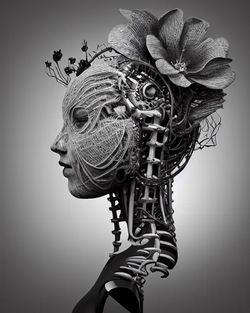 Image similar to black and white dreamy foggy profile face portrait, cyclope biomechanical beautiful young female cyborg - robot bust, body ribs meshes,, volumetric light, hibiscus flowers, by hg giger, rim light, by dora maar and cecile beaton, big gothic fashion pearl embroidered collar, 8 k