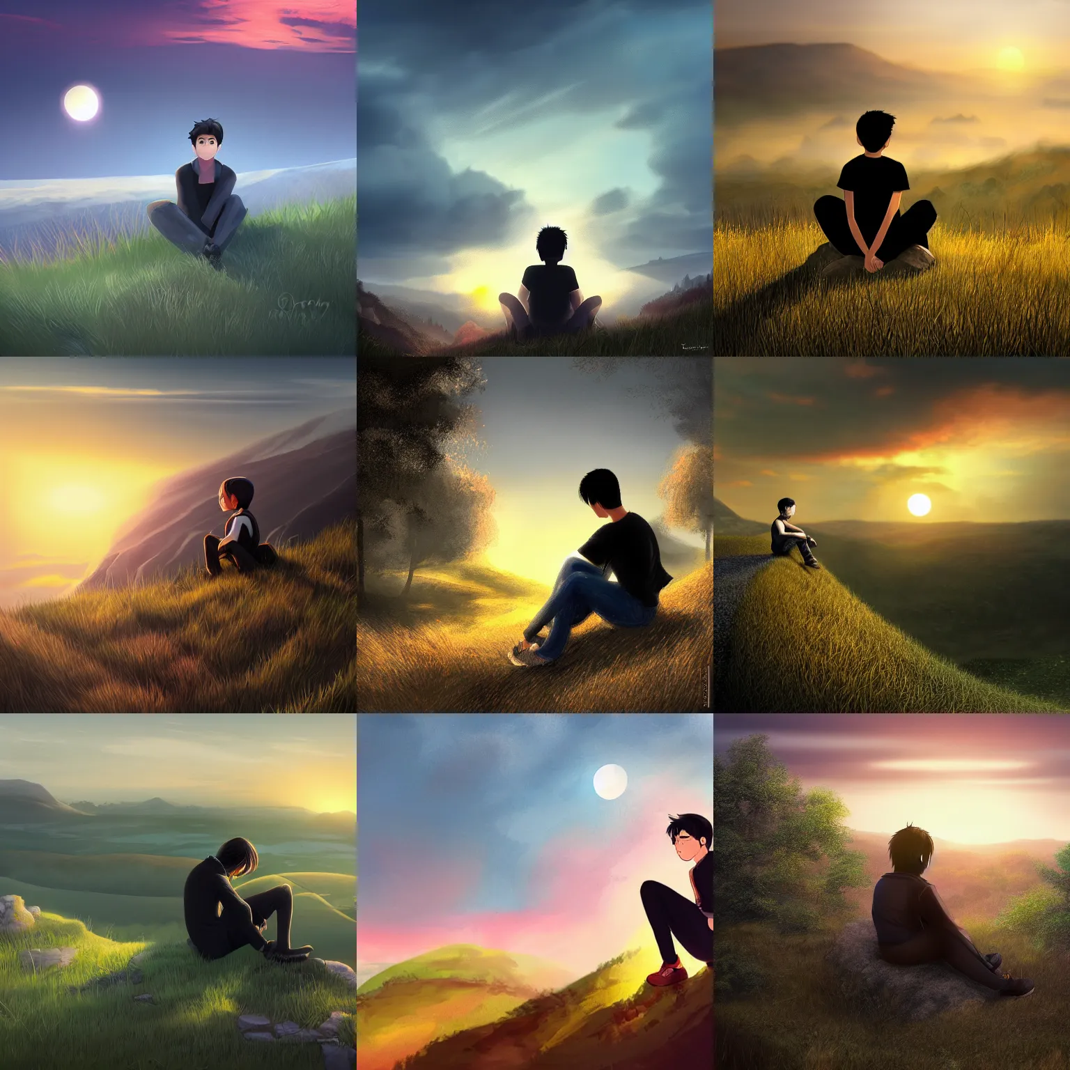 Prompt: A black-haired boy is sitting on the edge of the hill, watching a sun rising in the distance, digital art, beautiful, trending on artstation