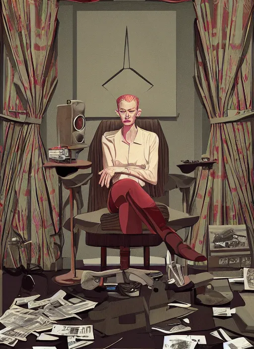 Image similar to Twin Peaks poster artwork by Michael Whelan, Bob Larkin and Tomer Hanuka, Karol Bak of portrait of radio host Tilda Swinton!!!!!!!!!! lounging in her radio sound booth, alone, late at night, from scene from Twin Peaks, simple illustration, domestic, nostalgic, from scene from Twin Peaks, clean, cover of New Yorker magazine