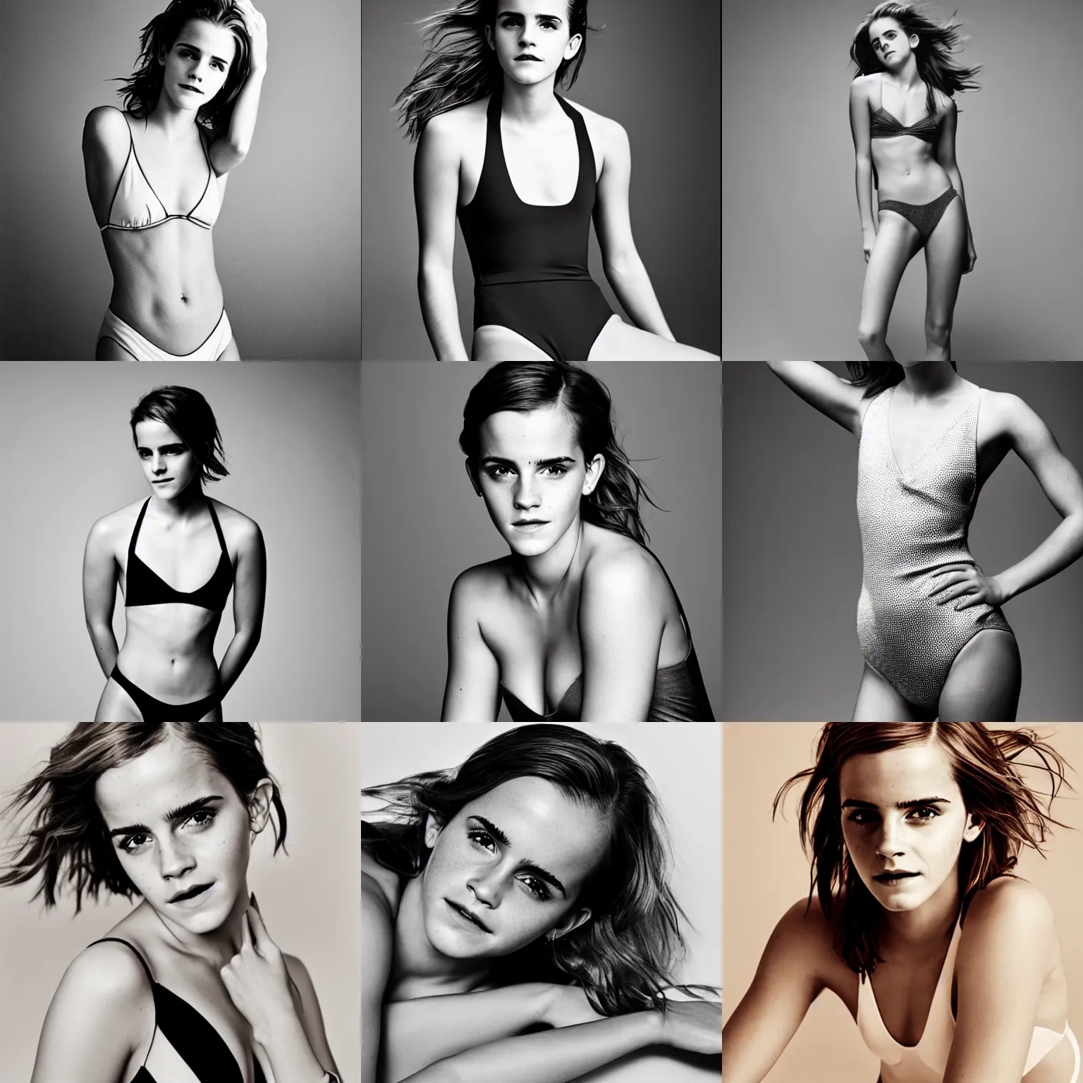 Prompt: Photo of Emma Watson in swimsuit, soft studio lighting, photo taken by Richard Avedon for Abercrombie and Fitch, award-winning photograph, 24mm f/1.4